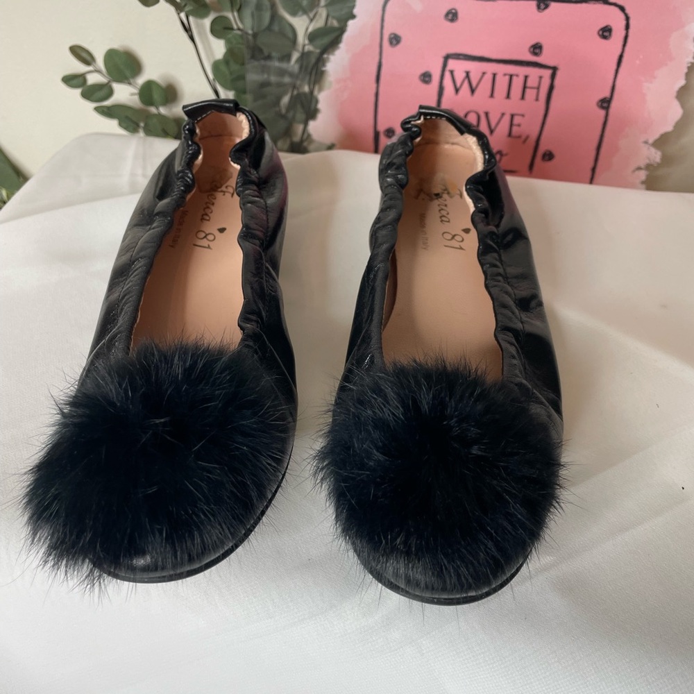Ferca 81 Black Leather Fur Pom Ballet Flat